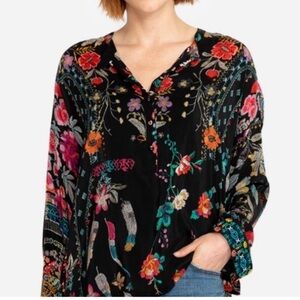 Johnny Was top with flowers and feathers. embroidery on sleeve cuff size small